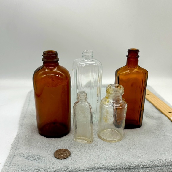 Vintage Other - Vintage Old Glass Lot of 5 Different Bottles—Clear and Amber Colored
